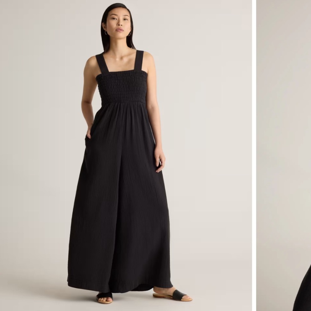 Quince 100% Organic Cotton Gauzy Jumpsuit Smocked Sz M NEW Black Wide Leg